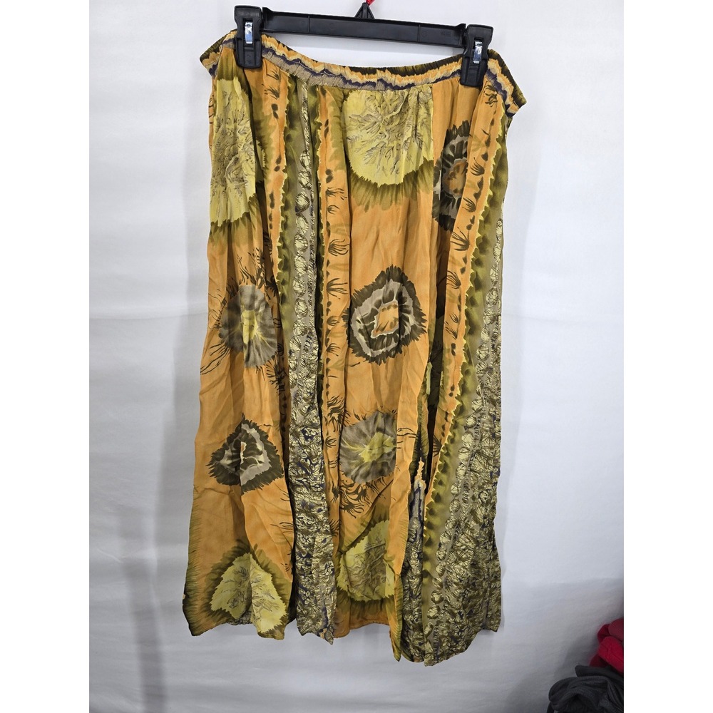 U.R.U. Hand Dyed Abstract Sunburst Midi Skirt Mustard Yellow Olive Green L